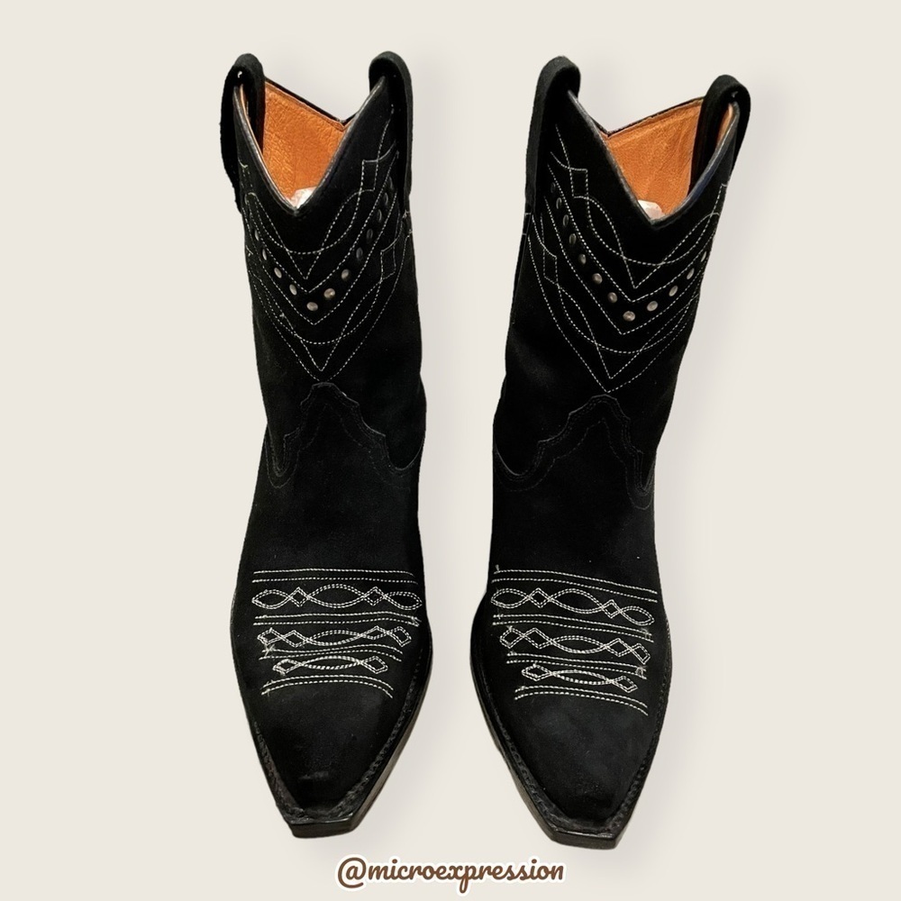 1980 Frye VINTAGE Black Suede Leather Embroidered Boho PullOn Heeled Cowboy Boot - Picture 6 of 14